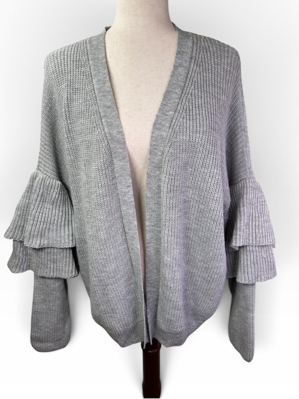 Sans Souci L Gray Ruffle Sleeve Open Front Cardigan Sweater
